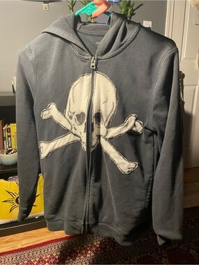 Women’s Black Skull Zip Hoodie - handmade